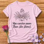 She Carries More Than She Shows — Floral Woman in Light Pink
