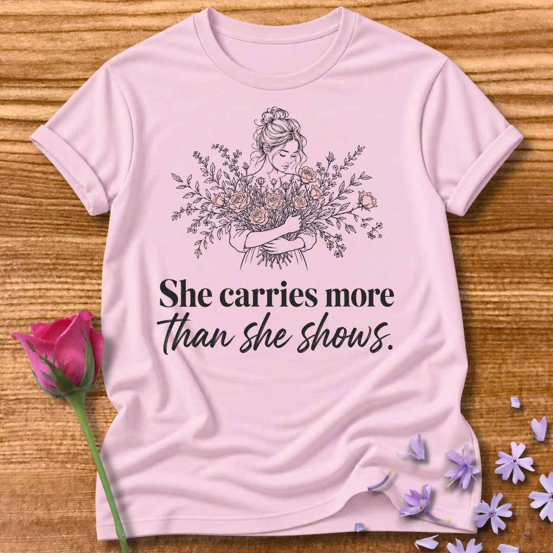 She Carries More Than She Shows — Floral Woman in Light Pink