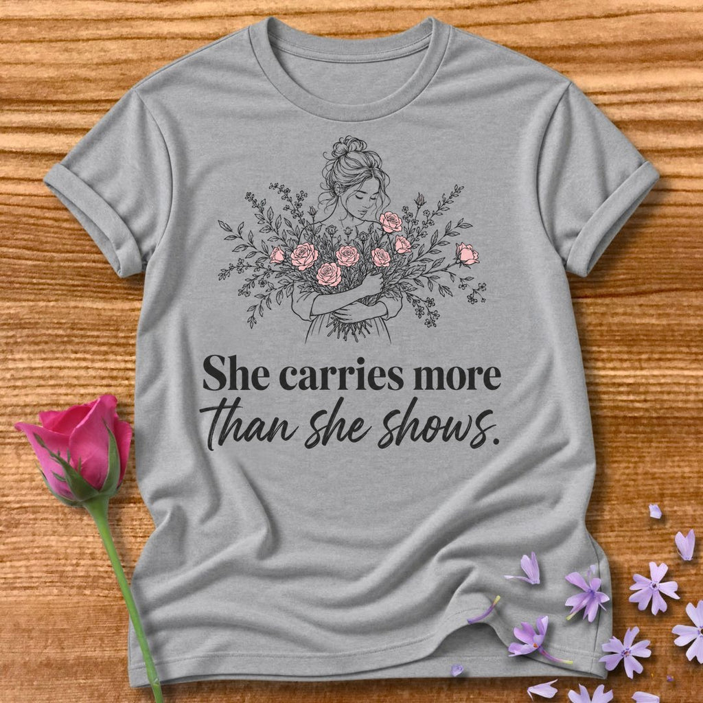 She Carries More Than She Shows — Floral Woman in Sport Grey