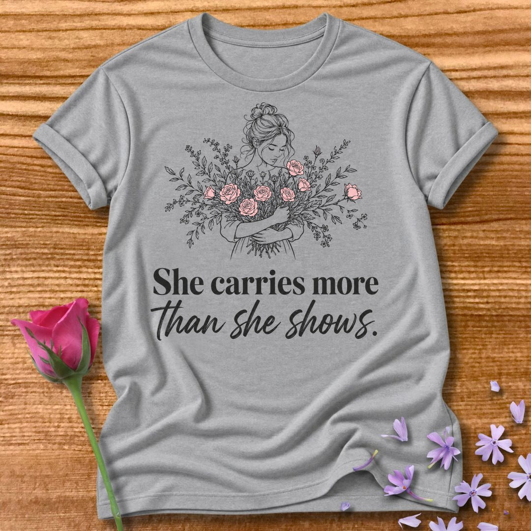She Carries More Than She Shows — Floral Woman in Sport Grey