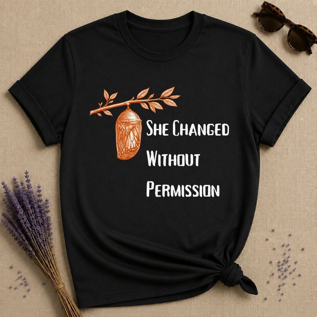 She Changed Without Permission — Chrysalis Botanical T-Shirt for Women in Black