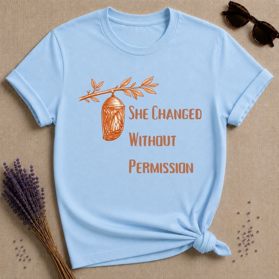 She Changed Without Permission — Chrysalis Botanical T-Shirt for Women in Light Blue