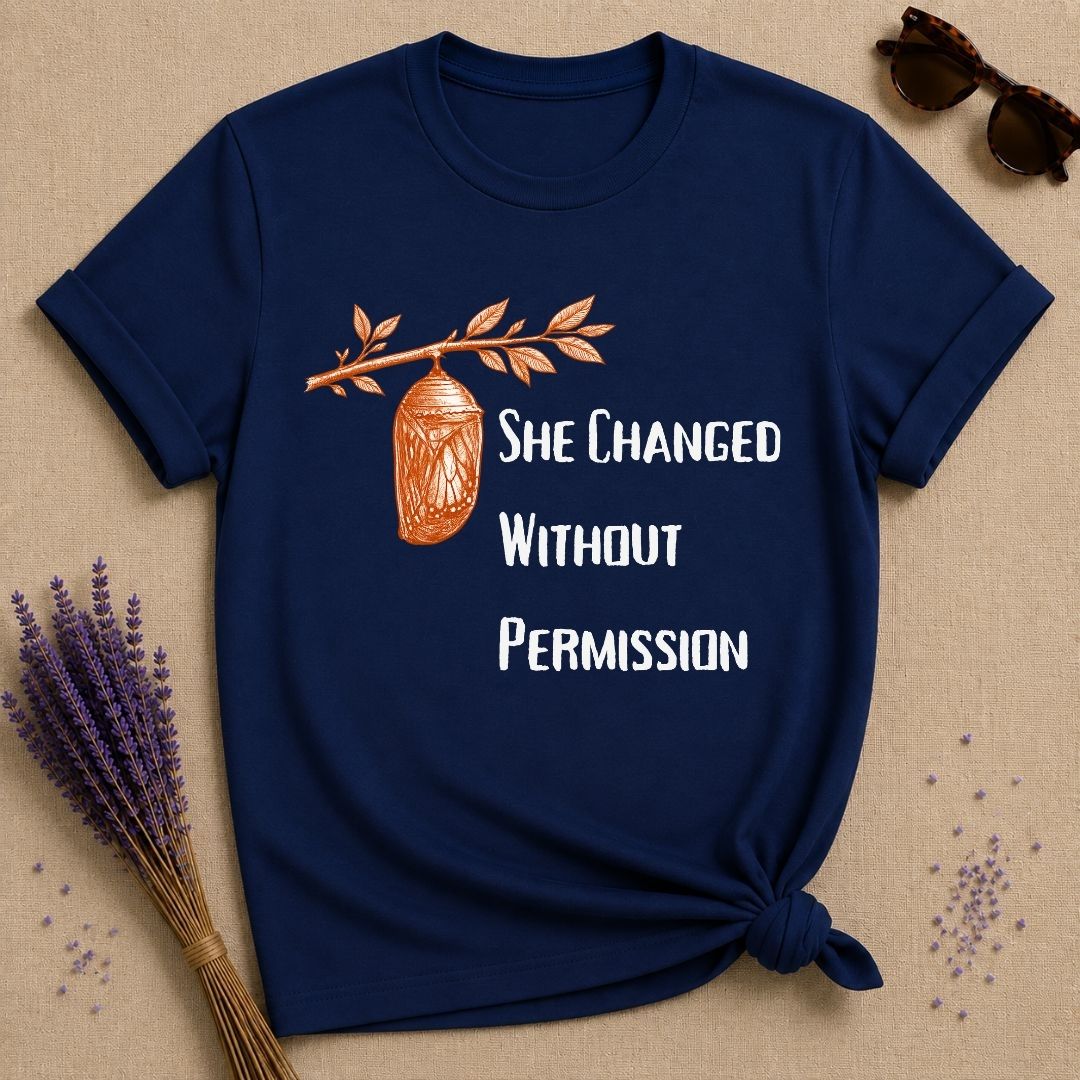 She Changed Without Permission — Chrysalis Botanical T-Shirt for Women in Navy