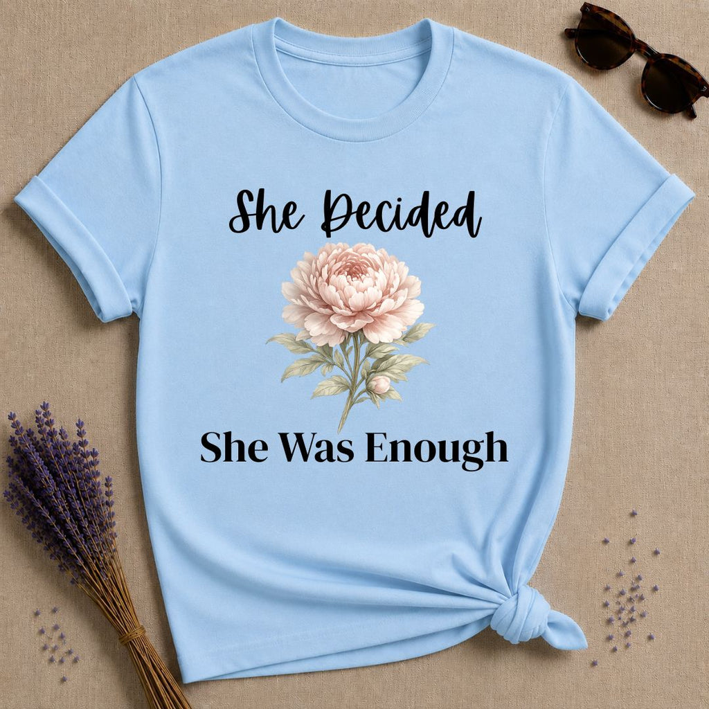 She Decided She Was Enough — Peony Floral T-Shirt for Women in Light Blue