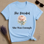 She Decided She Was Enough — Peony Floral T-Shirt for Women in Light Blue