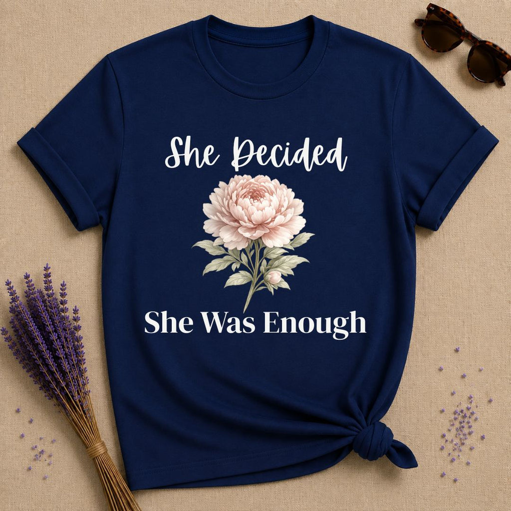 She Decided She Was Enough — Peony Floral T-Shirt for Women in Navy