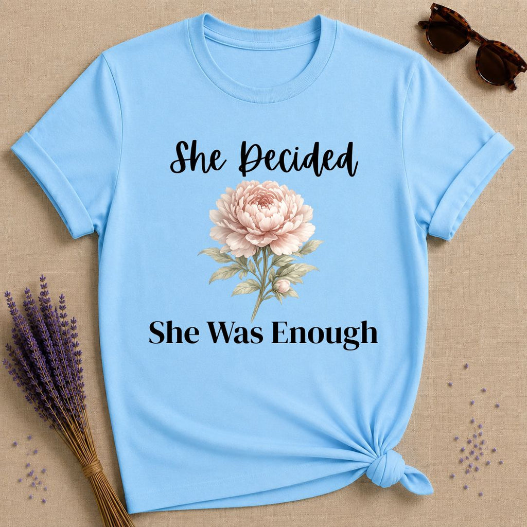 She Decided She Was Enough — Peony Floral T-Shirt for Women in Sky