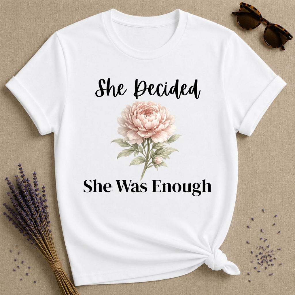 She Decided She Was Enough — Peony Floral T-Shirt for Women in White