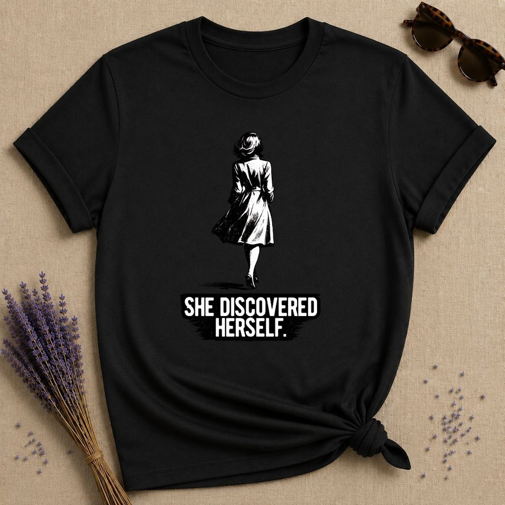 She Discovered Herself — Washed Out Dark Vintage T-Shirt for Women in Black