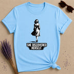 She Discovered Herself — Washed Out Dark Vintage T-Shirt for Women in Sky