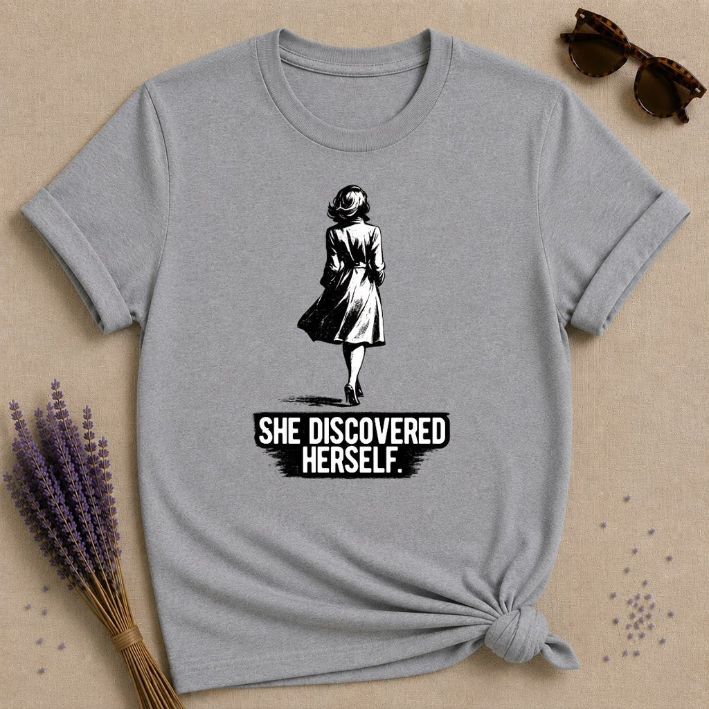 She Discovered Herself — Washed Out Dark Vintage T-Shirt for Women in Sport Grey