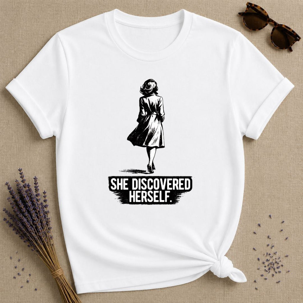 She Discovered Herself — Washed Out Dark Vintage T-Shirt for Women in White