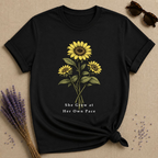 She Grew at Her Own Pace — Sunflower Self Growth T-Shirt for Women — Black