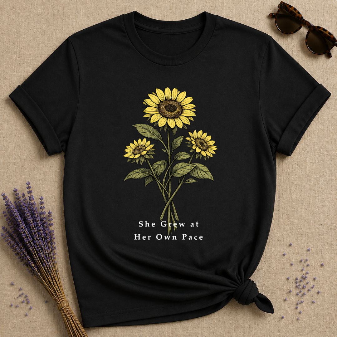 She Grew at Her Own Pace — Sunflower Self Growth T-Shirt for Women — Black