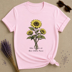 She Grew at Her Own Pace — Sunflower Self Growth T-Shirt for Women — Light Pink