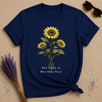 She Grew at Her Own Pace — Sunflower Self Growth T-Shirt for Women — Navy