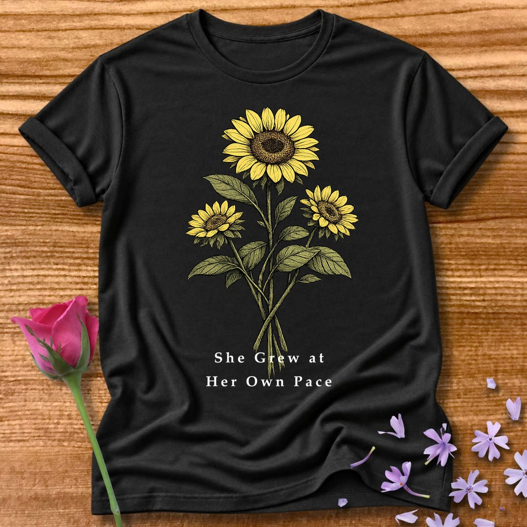 She Grew at Her Own Pace — Sunflower Self Growth in Black