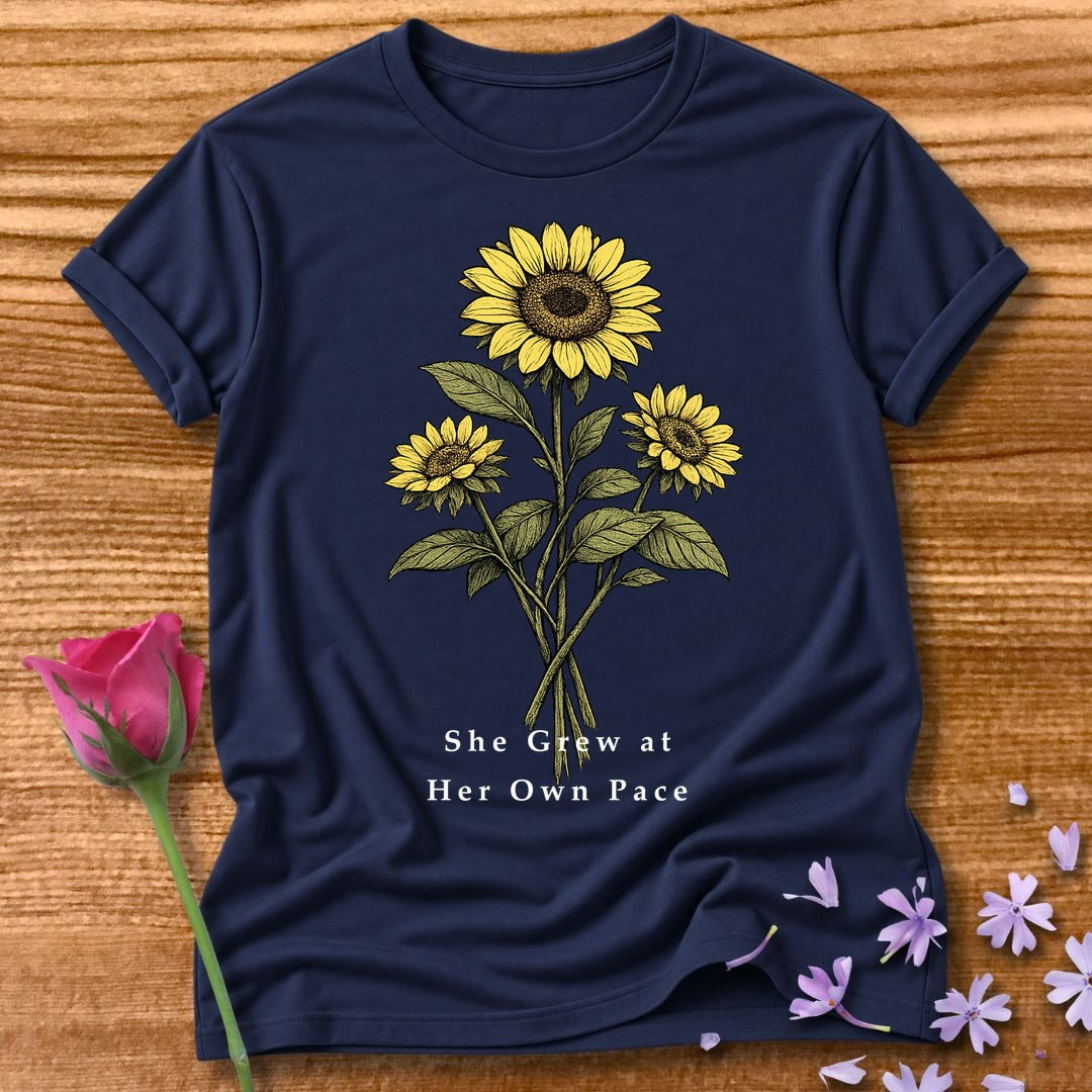 She Grew at Her Own Pace — Sunflower Self Growth in Navy