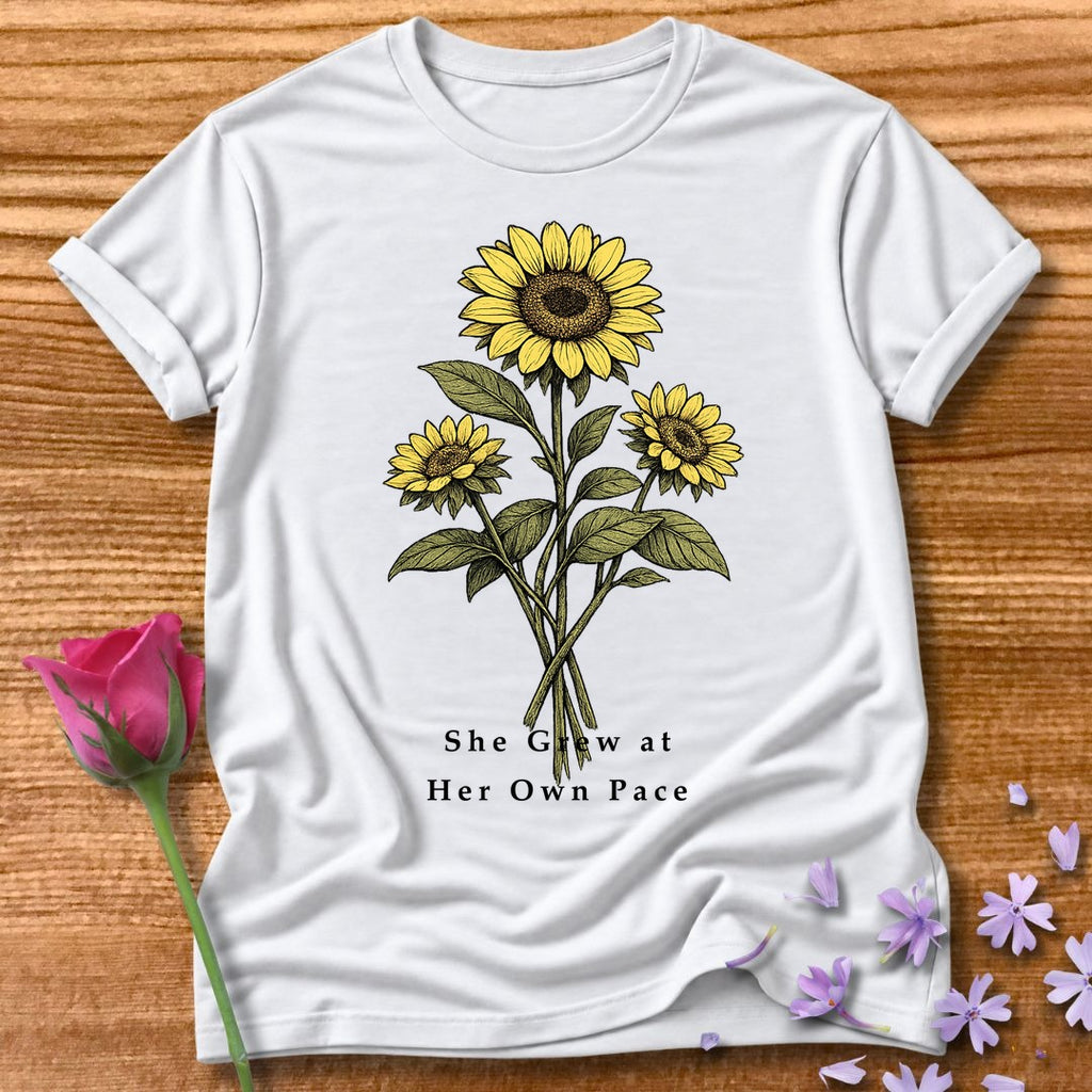 She Grew at Her Own Pace — Sunflower Self Growth in White