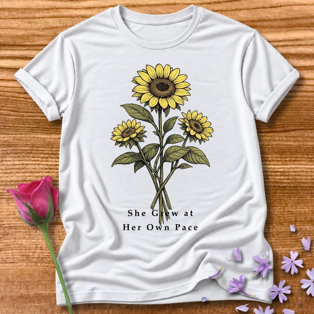 She Grew at Her Own Pace — Sunflower Self Growth in White