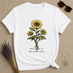 She Grew at Her Own Pace — Sunflower Self Growth T-Shirt for Women — White