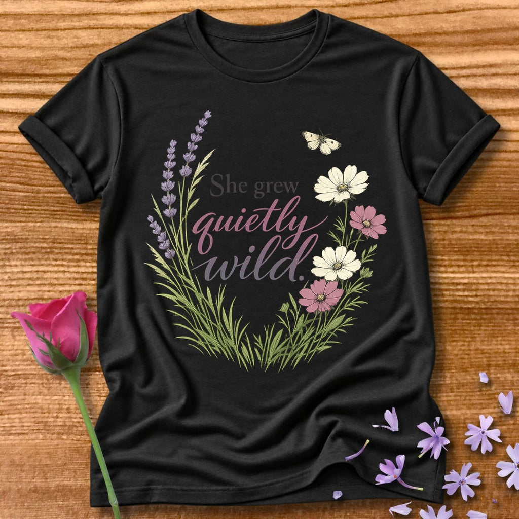 She Grew Quietly Wild — Botanical Wildflower Graphic Tee in Black