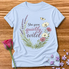 She Grew Quietly Wild — Botanical Wildflower Graphic Tee in Light Blue