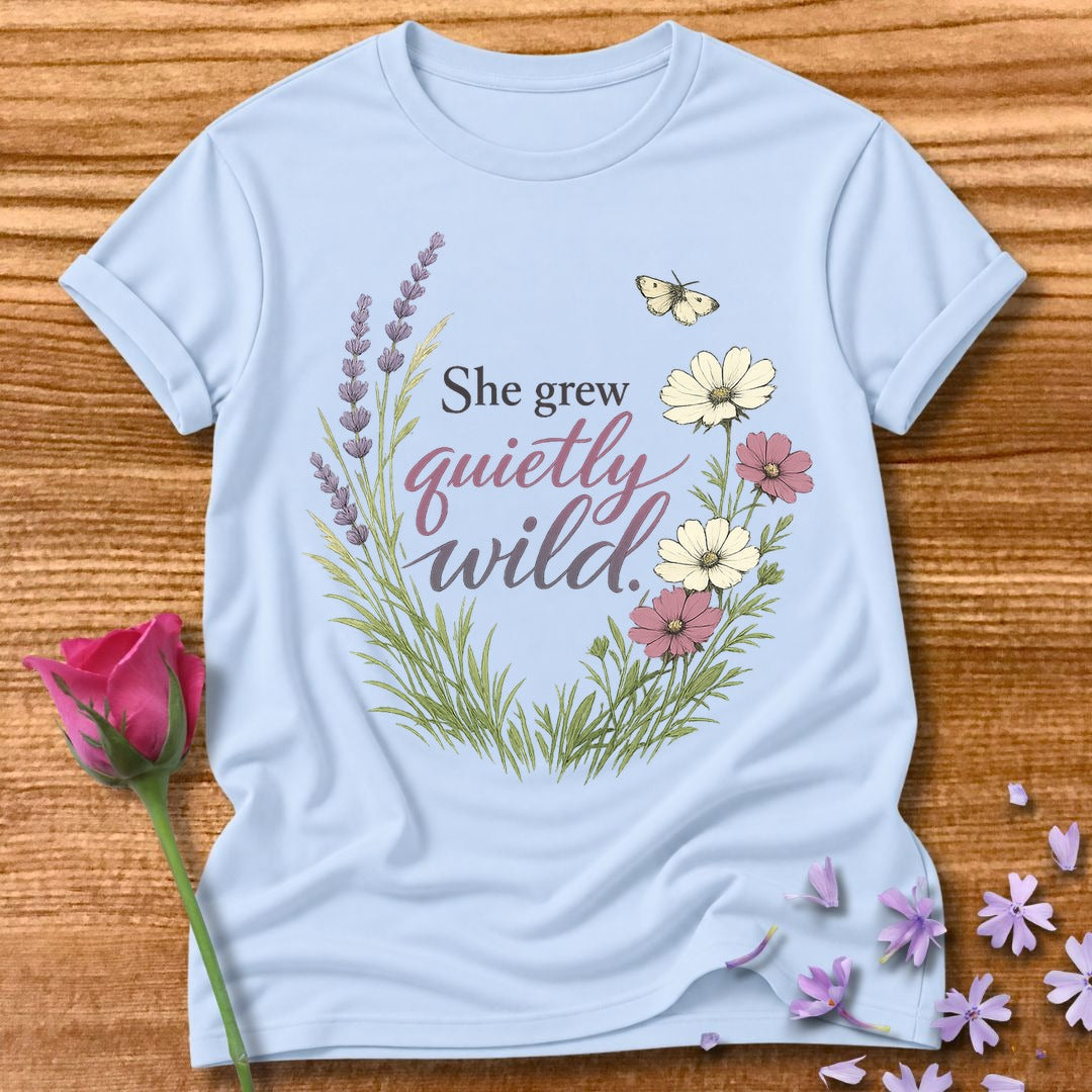 She Grew Quietly Wild — Botanical Wildflower Graphic Tee in Light Blue