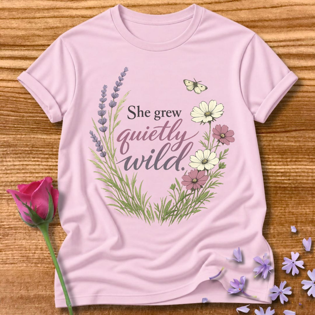 She Grew Quietly Wild — Botanical Wildflower Graphic Tee in Light Pink