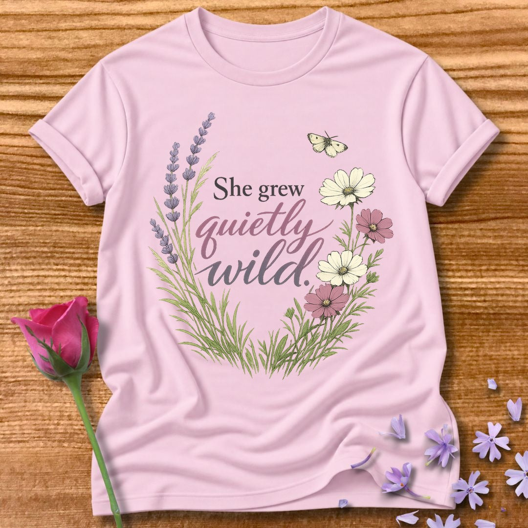She Grew Quietly Wild — Botanical Wildflower Graphic Tee in Light Pink