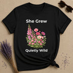 She Grew Quietly Wild — Foxglove Garden Botanical T-Shirt for Women in Black