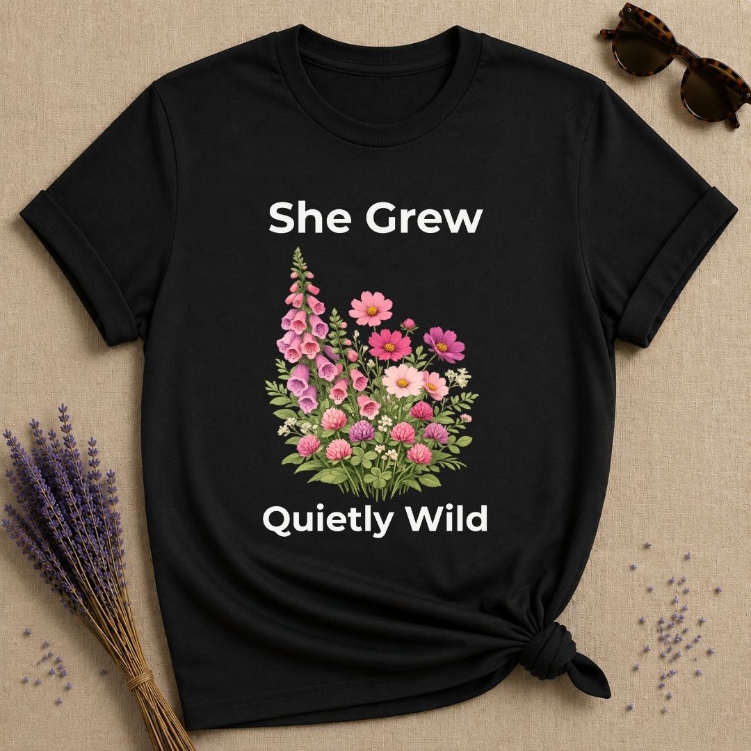 She Grew Quietly Wild — Foxglove Garden Botanical T-Shirt for Women in Black