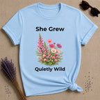 She Grew Quietly Wild — Foxglove Garden Botanical T-Shirt for Women in Light Blue