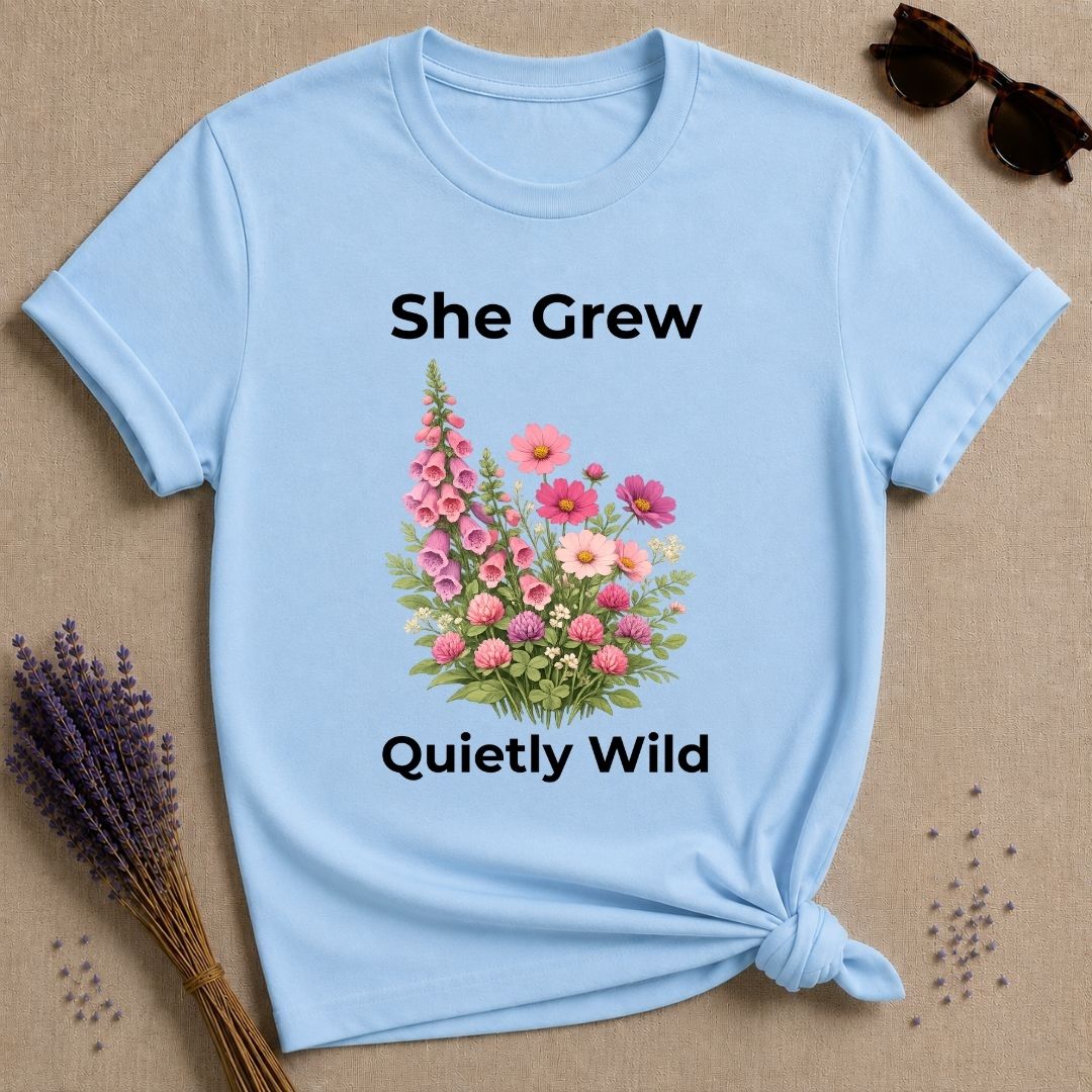 She Grew Quietly Wild — Foxglove Garden Botanical T-Shirt for Women in Light Blue