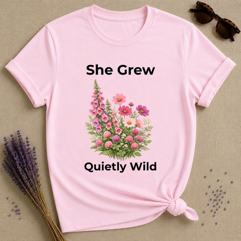 She Grew Quietly Wild — Foxglove Garden Botanical T-Shirt for Women in Light Pink