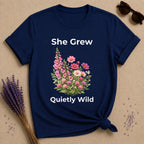 She Grew Quietly Wild — Foxglove Garden Botanical T-Shirt for Women in Navy