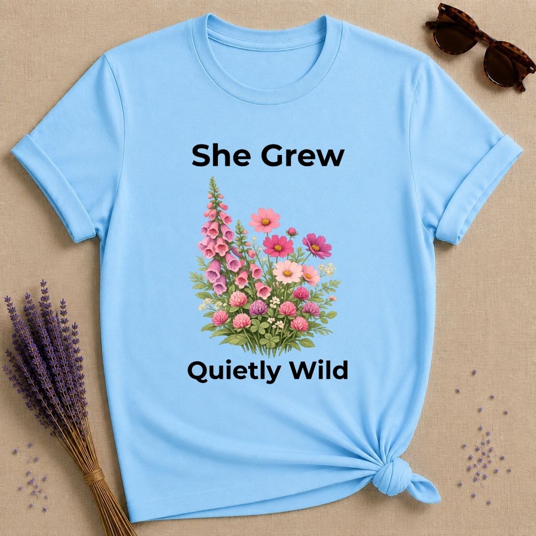 She Grew Quietly Wild — Foxglove Garden Botanical T-Shirt for Women in Sky