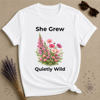 She Grew Quietly Wild — Foxglove Garden Botanical T-Shirt for Women in White