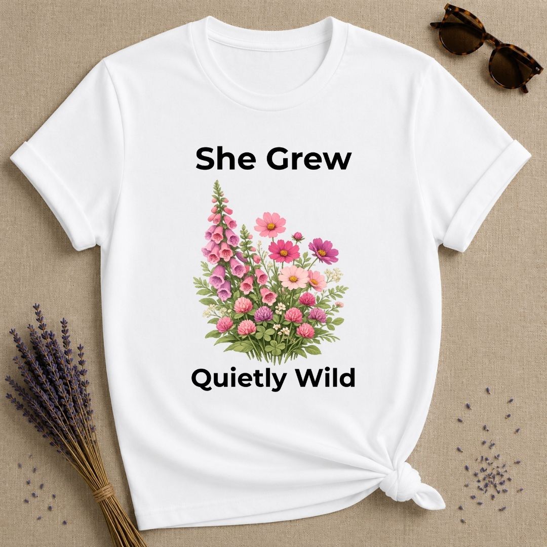 She Grew Quietly Wild — Foxglove Garden Botanical T-Shirt for Women in White