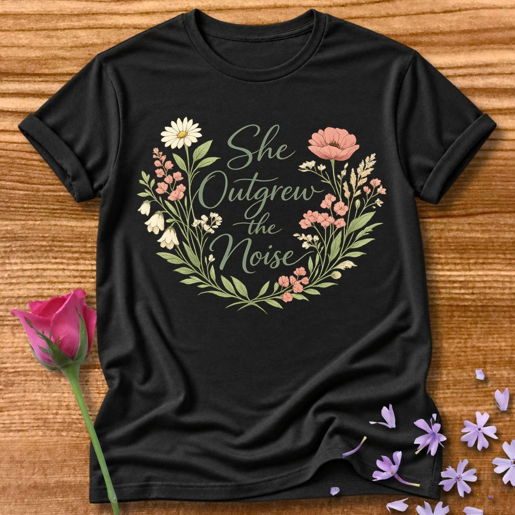 She Outgrew the Noise Botanical Wildflower Graphic Tee in Black