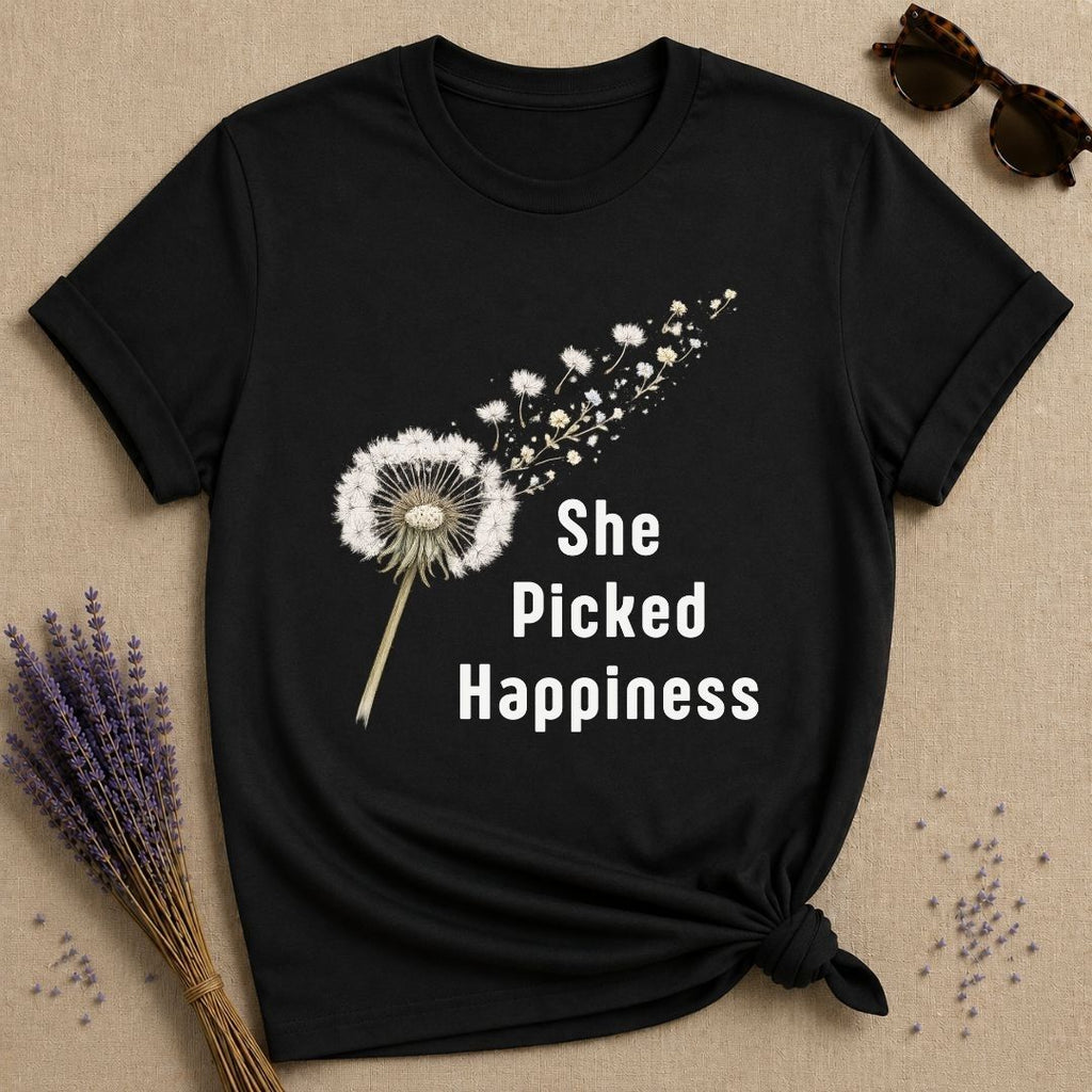 She Picked Happiness — Dandelion Botanical T-Shirt for Women in Black