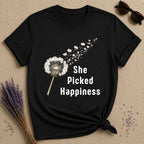 She Picked Happiness — Dandelion Botanical T-Shirt for Women in Black