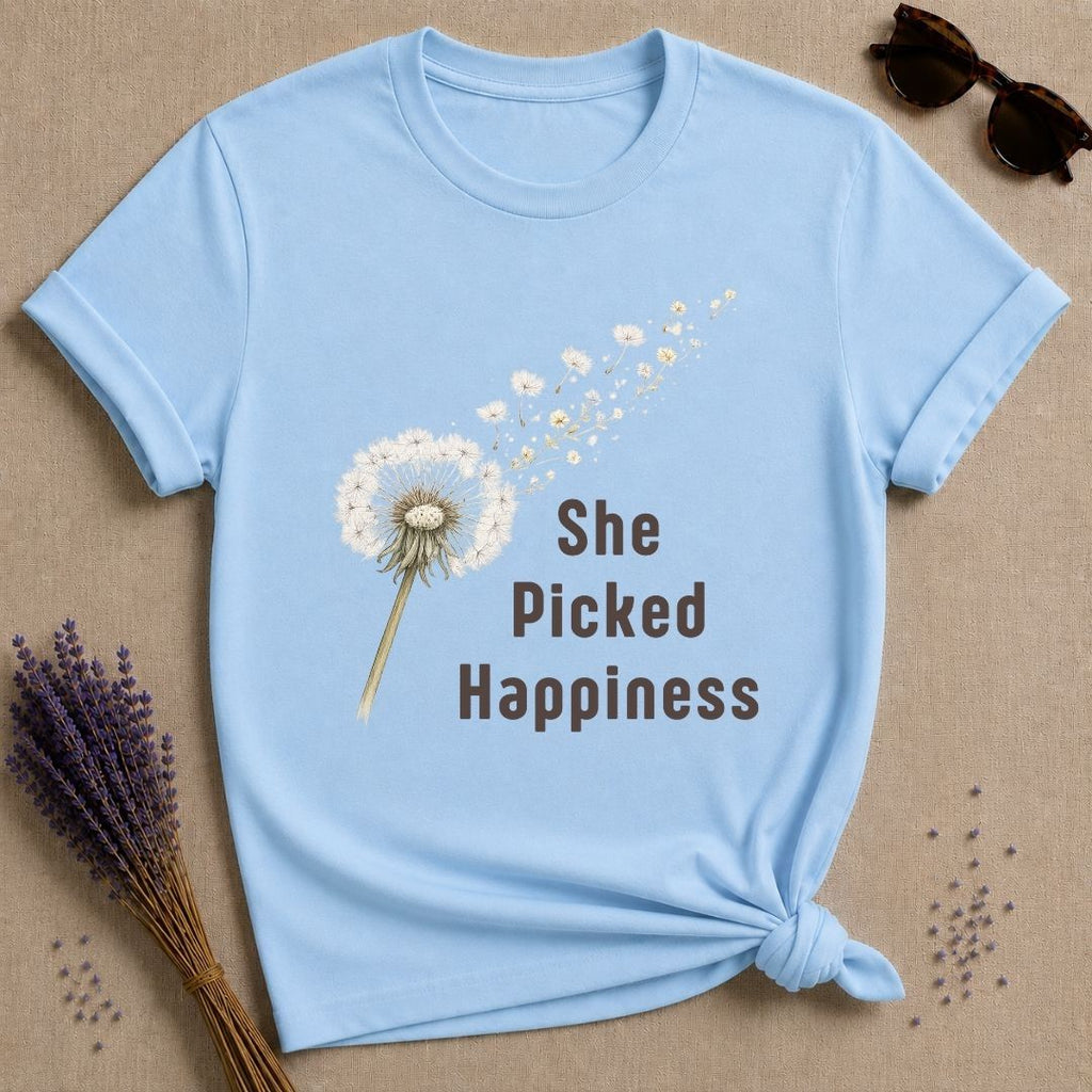 She Picked Happiness — Dandelion Botanical T-Shirt for Women in Light Blue