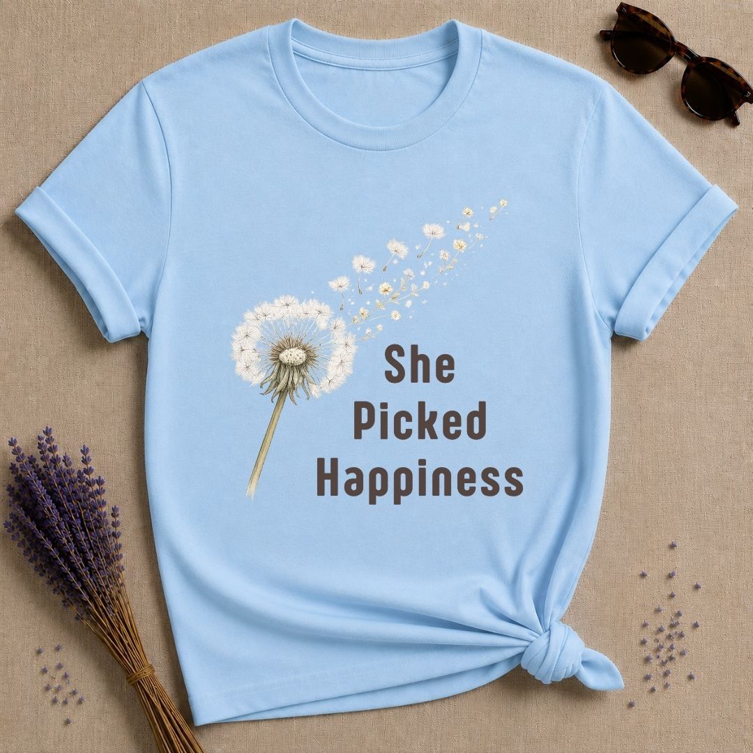 She Picked Happiness — Dandelion Botanical T-Shirt for Women in Light Blue
