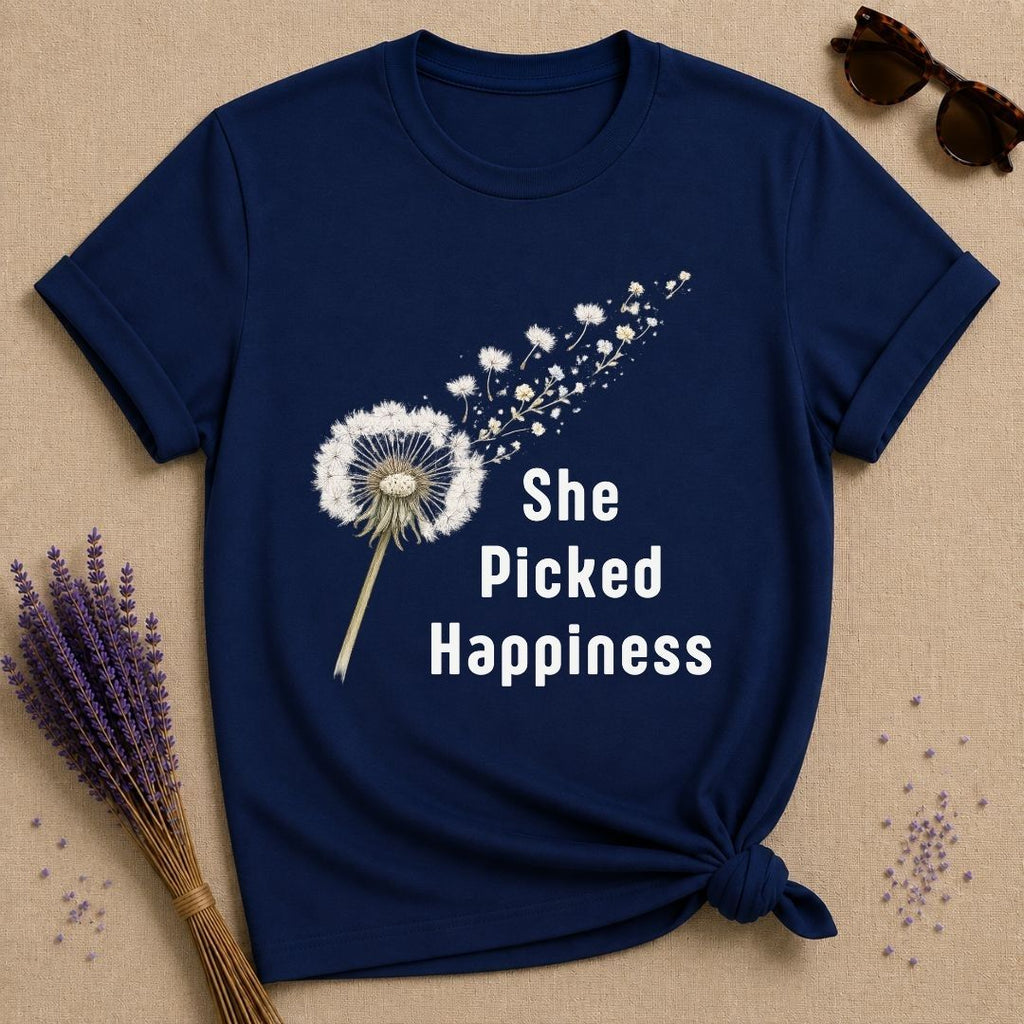She Picked Happiness — Dandelion Botanical T-Shirt for Women in Navy