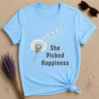 She Picked Happiness — Dandelion Botanical T-Shirt for Women in Sky