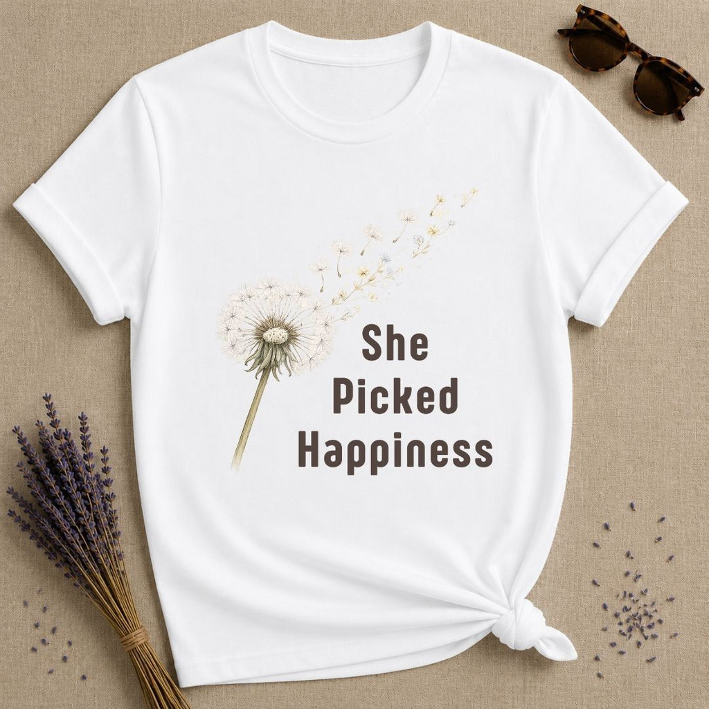 She Picked Happiness — Dandelion Botanical T-Shirt for Women in White