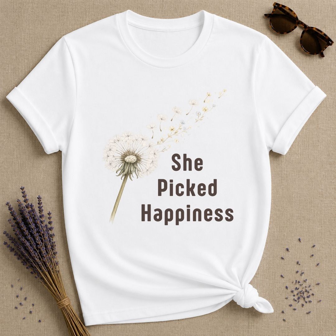 She Picked Happiness — Dandelion Botanical T-Shirt for Women in White
