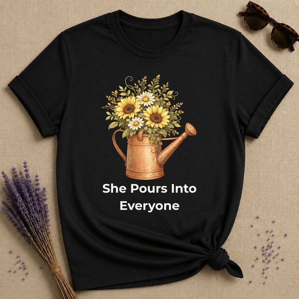 She Pours Into Everyone — Watering Can Floral T-Shirt for Women in Black