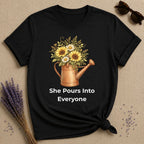 She Pours Into Everyone — Watering Can Floral T-Shirt for Women in Black